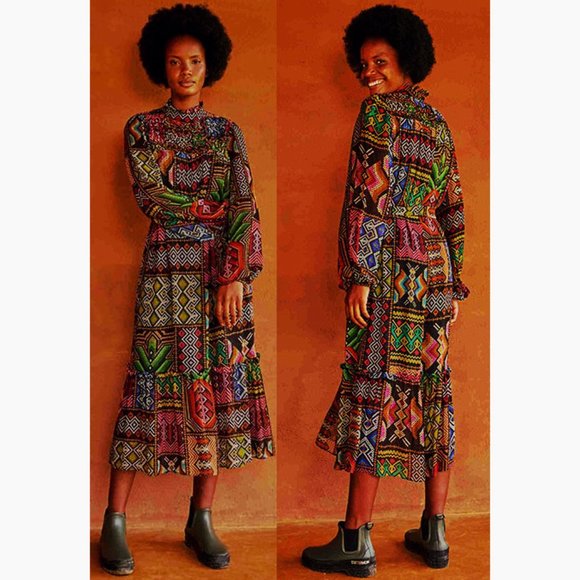 Farm Rio Rauti Tiered Midi Dress Ethnic Patchwork Pattern NWT MEDIUM - Picture 3 of 7